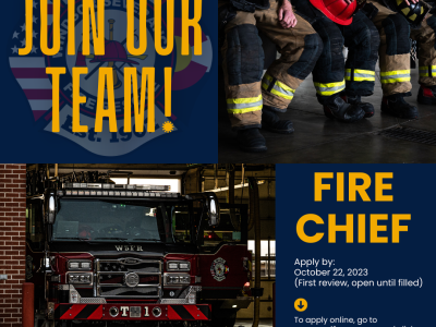Fire Chief Recruitment image with a fire truck and firefighter uniforms displayed.